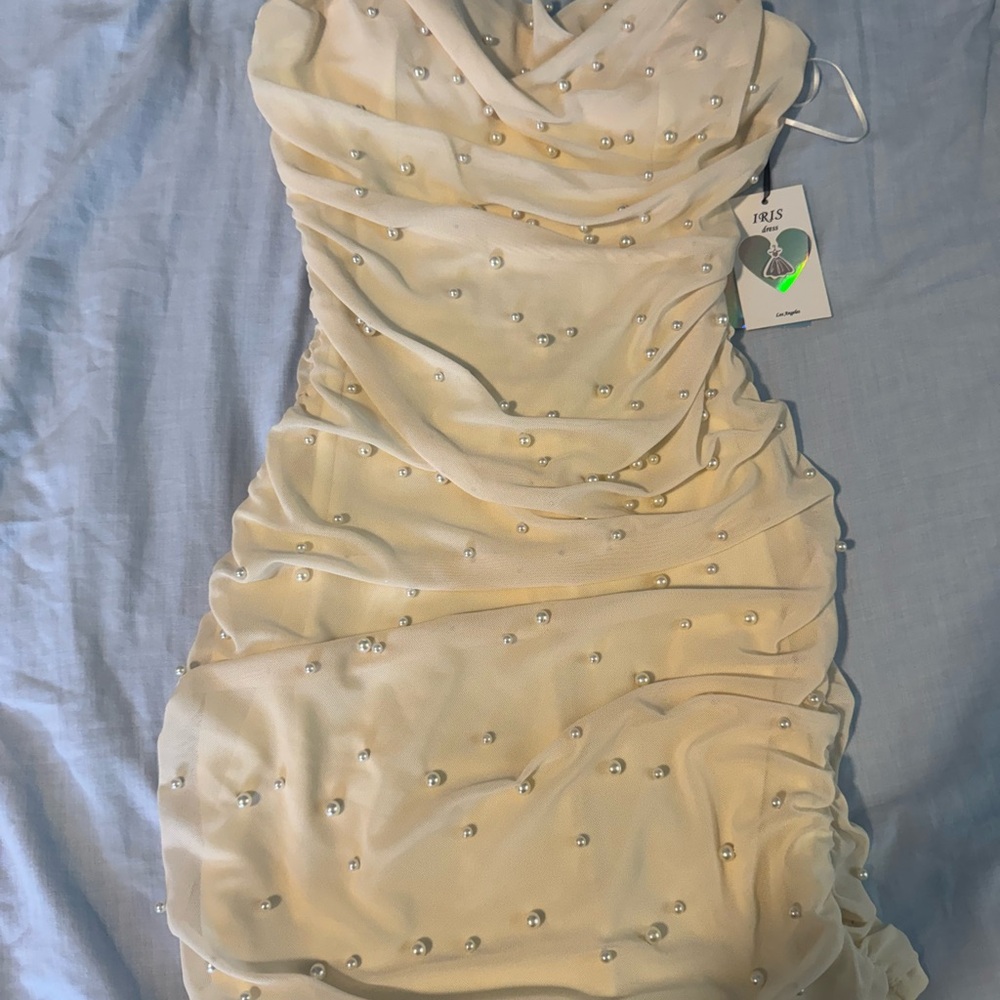 Iris Cream Strapless Dress with Pearl Details